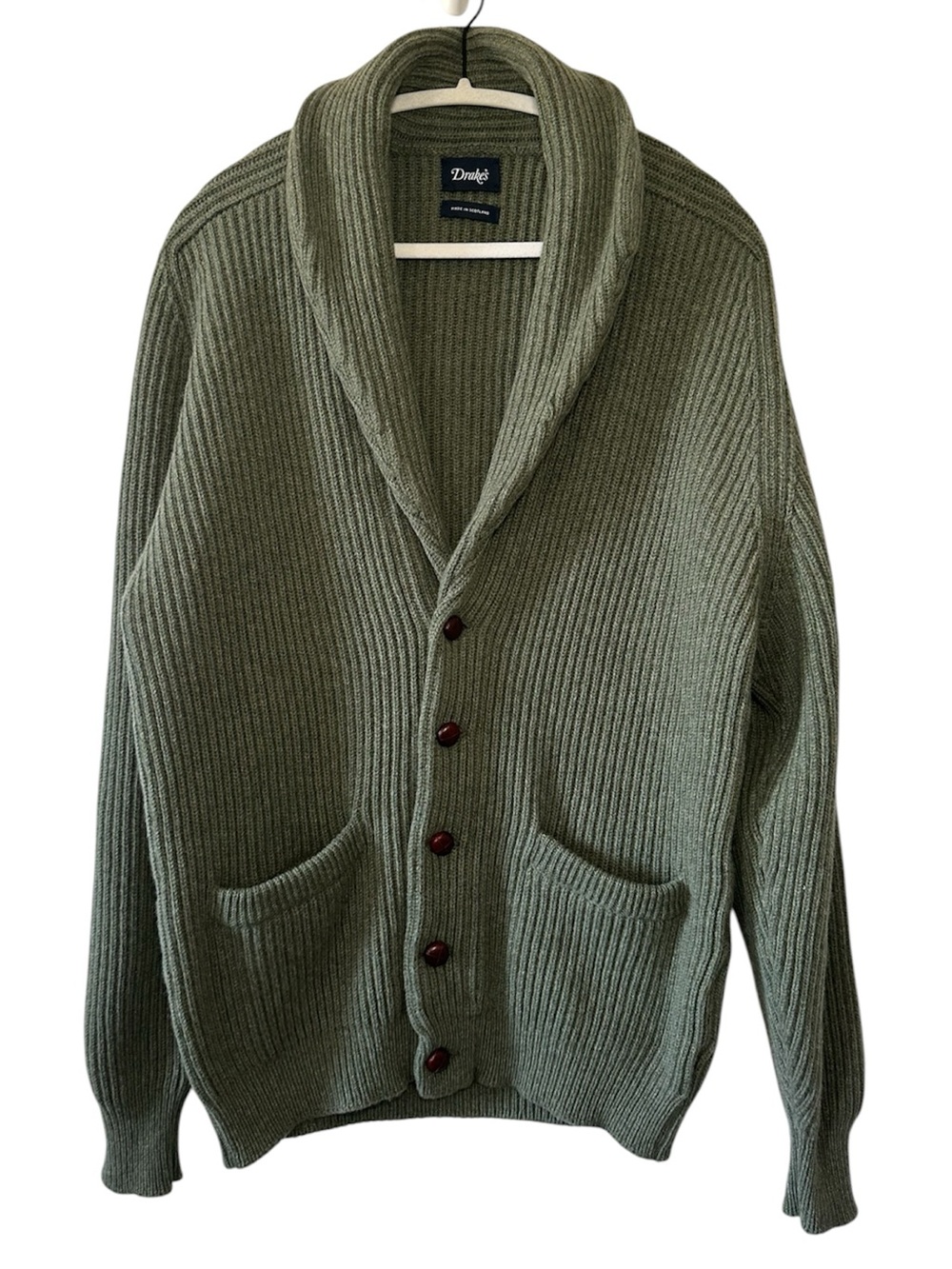 DRAKE’S Men’s Olive Shawl-Collar Ribbed 100% Lambswool Button Up Cardigan- Large